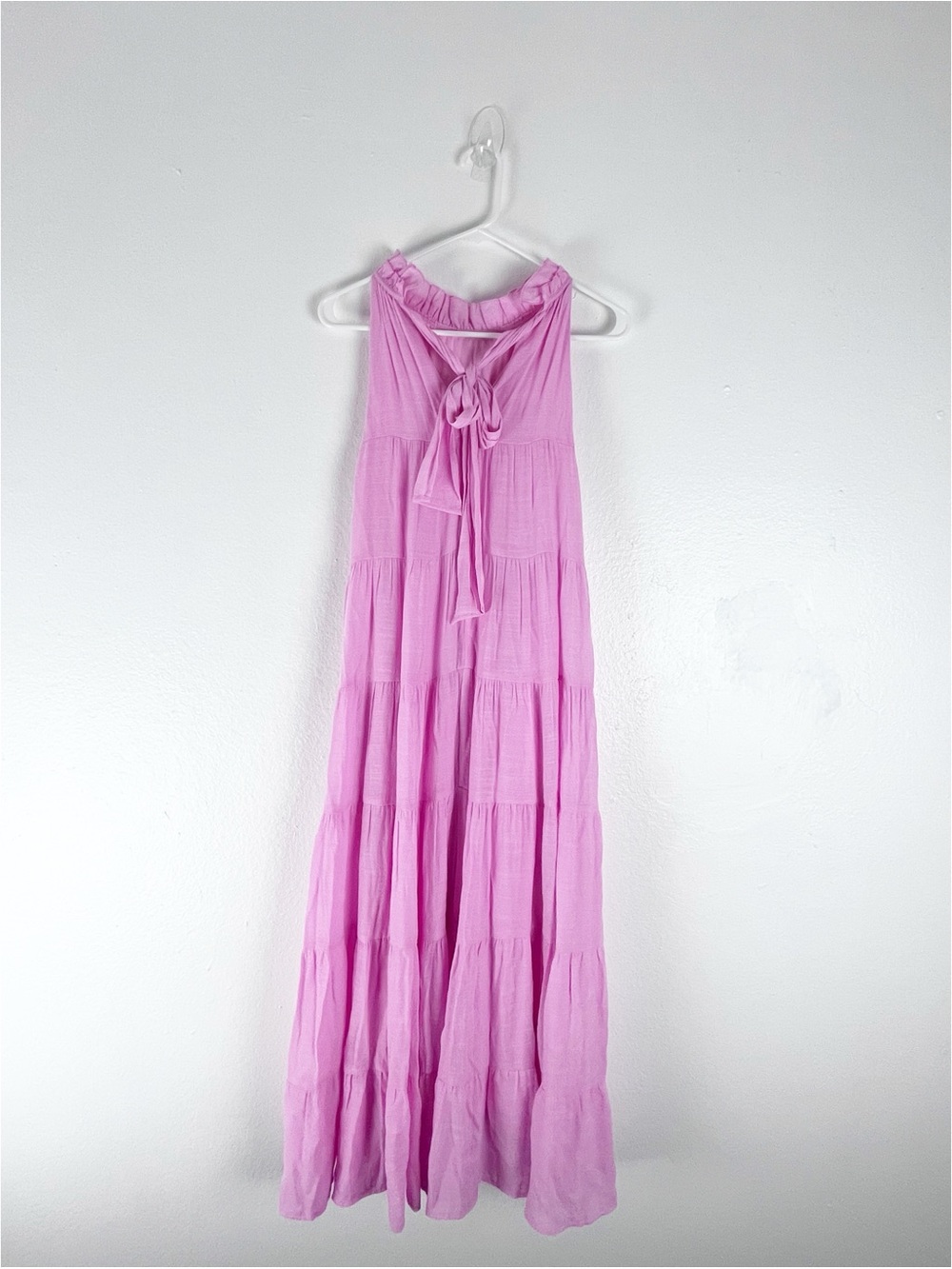 ENTRO Pink High Neck Tie Back Sleeveless Pockets Tiered Dress Small Boho Casual